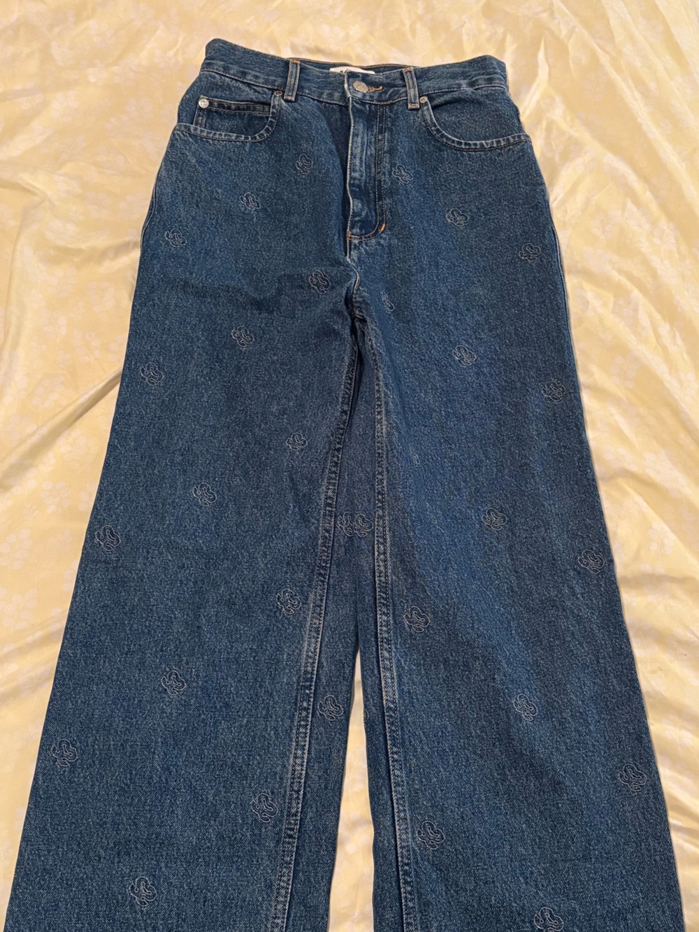 Sandro Dark Blue Wide-Leg Embroidered Jeans